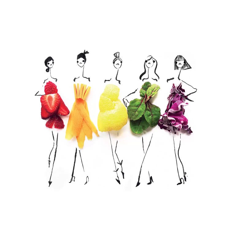 Fashion illustration of five women dressed in fruits and vegetables by Gretchen Roehrs
