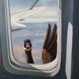 Painting of a goose waving from outside an airplane window in the sky by iCanvas artist Lucia Heffernan