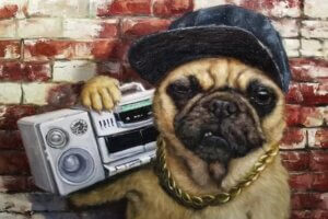 painting of a pug with a gold change and black hat holding a stereo standing by a brick wall by Lucia Heffernan