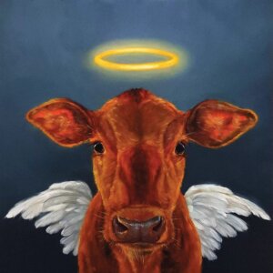 Painting of a brown cow with angel wings and a halo by iCanvas artist Lucia Heffernan