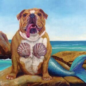 Painting of a bull dog with a mermaid tail and sea shell bra sitting by the ocean by Lucia Heffernan