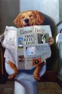 Painting of a dog on the toilet reading a newspaper and laughing by iCanvas artist Lucia Heffernan