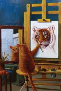 Painting of an orange tabby cat painting a self portrait of it as a tiger by iCanvas Lucia Heffernan