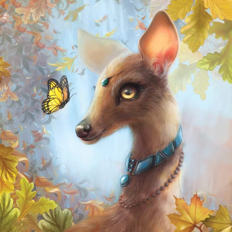 Wall art of a fawn looking at a butterfly in the woods by iCanvas artist Christina Hess