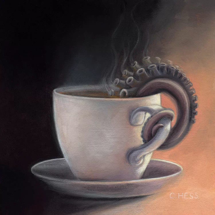 Wall art of a white tea cup with an octopus tentacle coming out of it by Christina Hess
