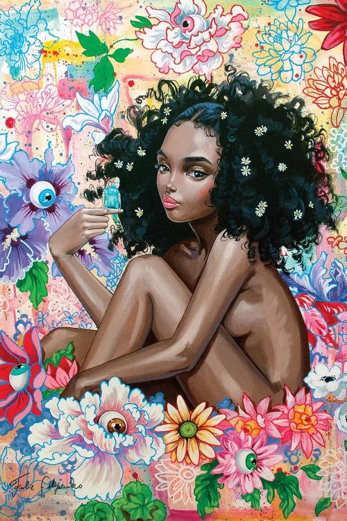 Wall art of a naked black woman with flowers in her natural hair and neon flowers around her by Julie Filipenko