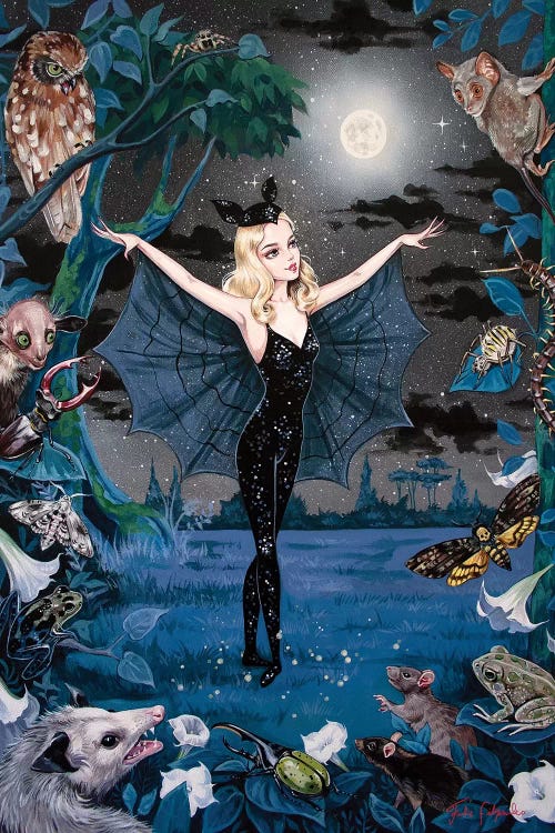 Wall art of a blonde girl in the night wearing black and bat wings looking at the moon surrounded by woodland creatures by Julie Filipenko