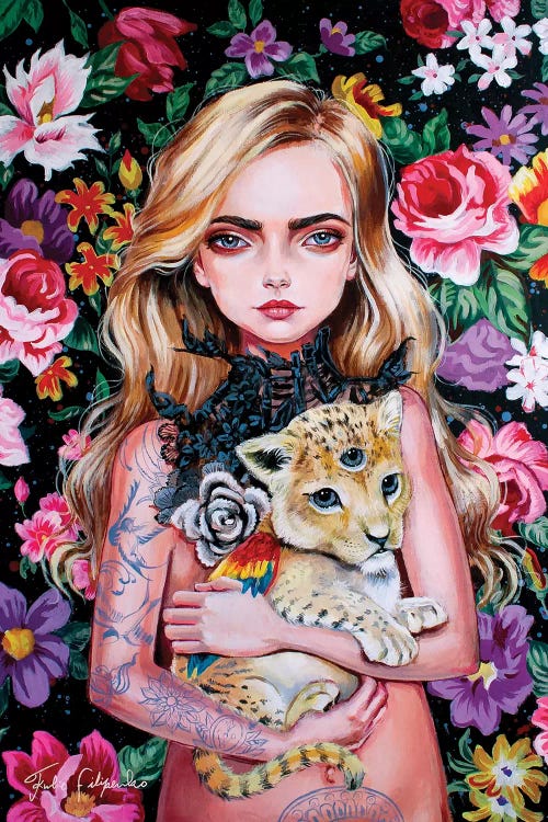 Wall art of a tattooed blonde woman holding a three eyed lion against a pink floral background by Julie Filipenko