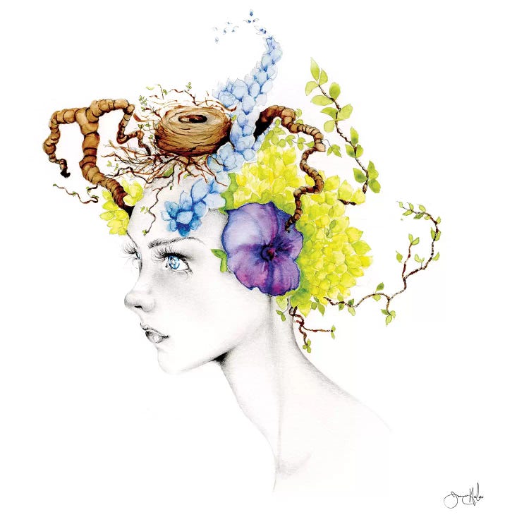 Wall art of a woman's profile with flowers, branches and a bird nest for hair by Joanna Haber