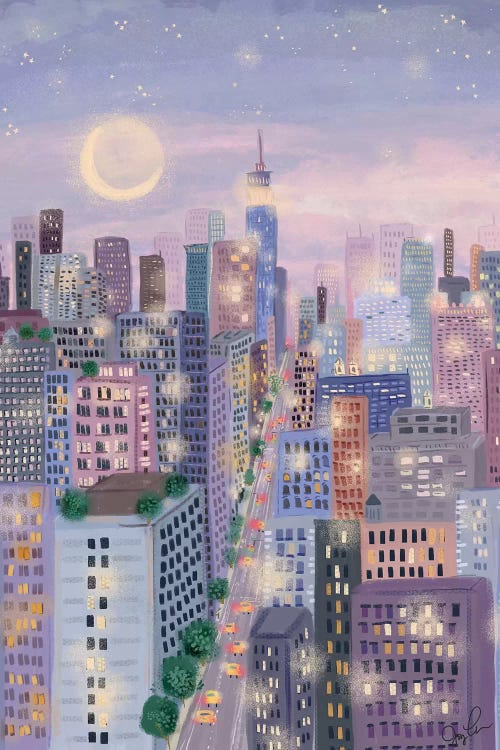 Wall art of a moonlit city scape in shades of purple by iCanvas artist Joy LaForme