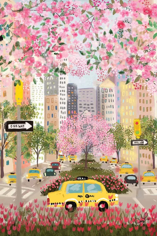 Wall art of a yellow cab in front of Park Avenue surrounded by pink flowers by Joy LaForme
