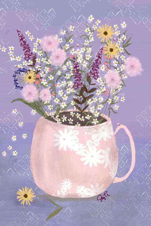 Wall art of a bouquet of wildflowers in a pink vase against a purple background by Joy LaForme