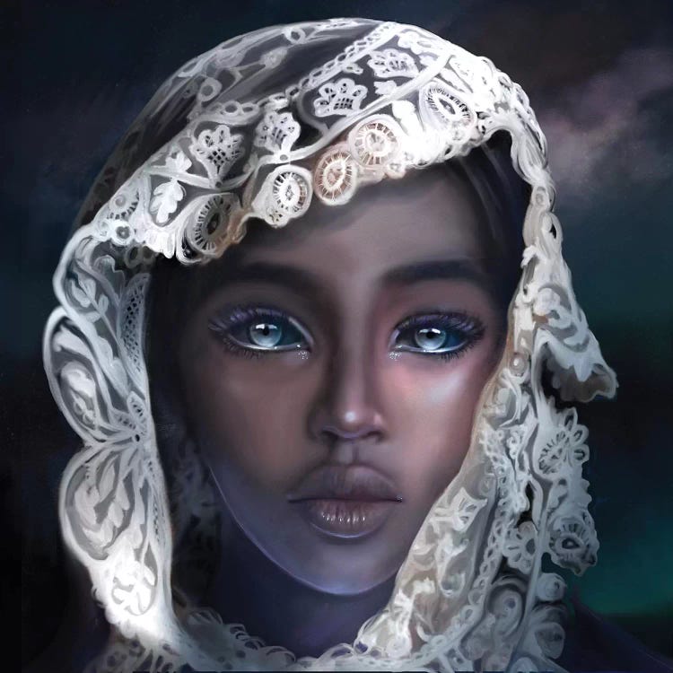 Wall art of a black woman with blue eyes wearing a lace head covering by iCanvas artist Jennifer Loomer
