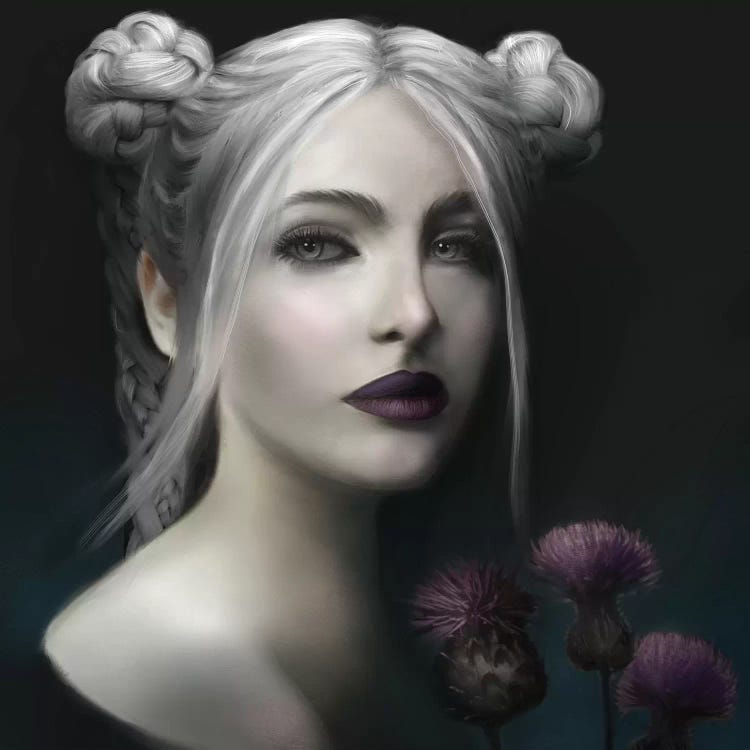 Portrait of a woman with white hair in buns by iCanvas artist Jennifer Loomer