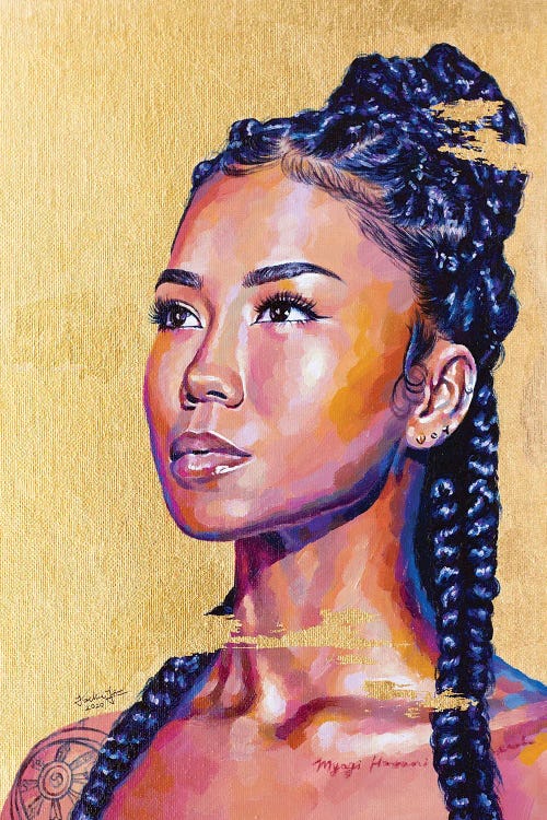 Painted portrait of Jhene Aiko against a yellow background by iCanvas artist Jackie Liu