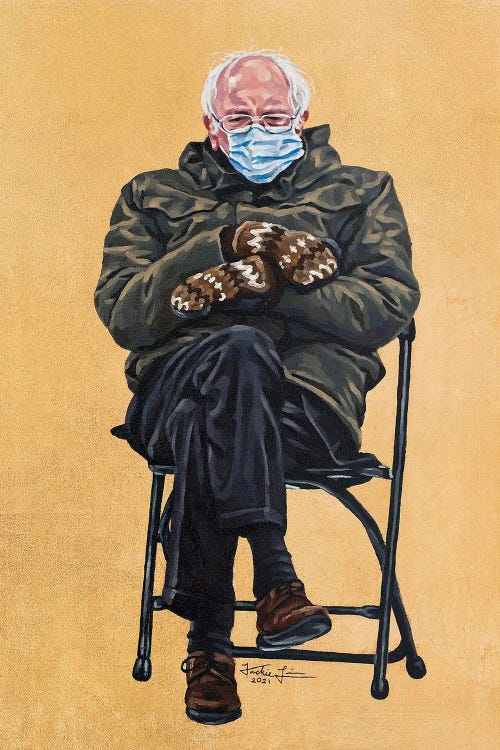 Painted portrait of Bernie Sanders bundled up with a mask by iCanvas artist Jackie Liu