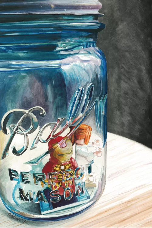 Wall art of tiny lego figurines trapped inside a mason jar by Jennifer Redstreake