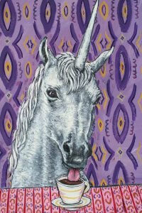 Wall art of a unicorn licking coffee against purple patterned wall by Jay Schmetz