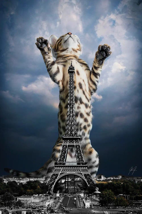 Wall art of a cat standing above the Eiffel Tower by iCanvas artist Kathrin Federer