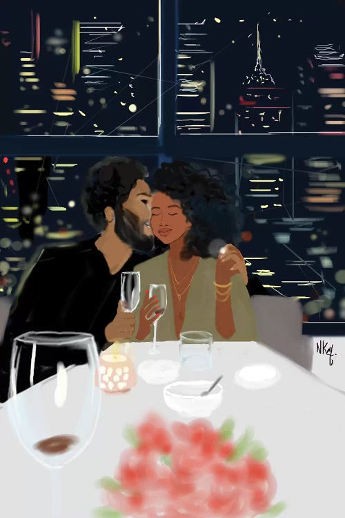 Wall art of a black couple out to dinner in the city by female artist Nicholle Kobi