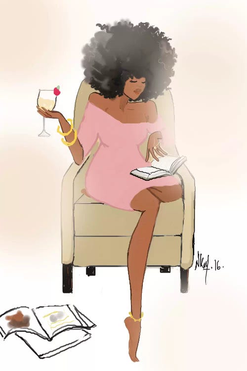 Fashion illustration of black woman with natural hair holding drink and reading books by Nicholle Kobi