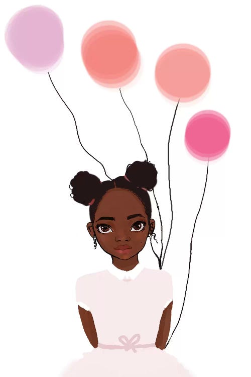 Illustration of Black girl in pink dress holding pink balloons by female artist Nicholle Kobi