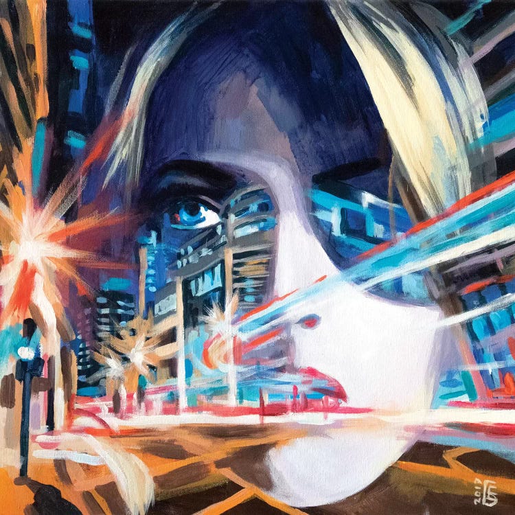 Abstract of a blonde woman's face merging with city lights and streets by iCanvas artist Kateryna Bortsova