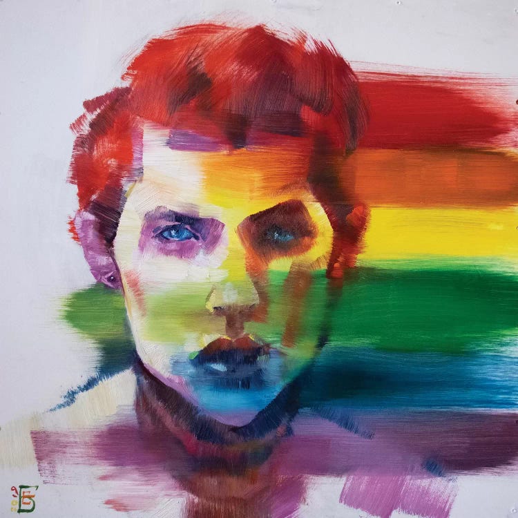 Painting of a man with rainbow brush stroke over face by iCanvas artist Kateryna Bortsova