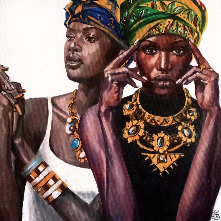 Wall art of two Black women wearing colorful jewels and head wraps by iCanvas artist Kateryna Bortsova
