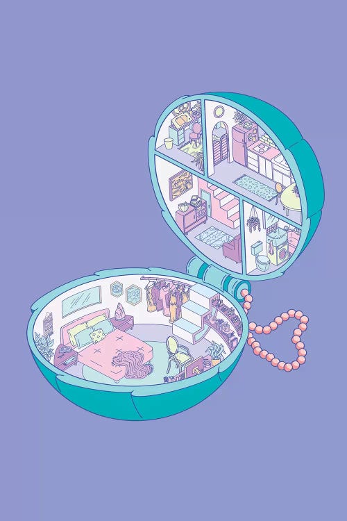 Wall art of a Polly Pocket house against a purple background by iCanvas artist Laura O'Connor