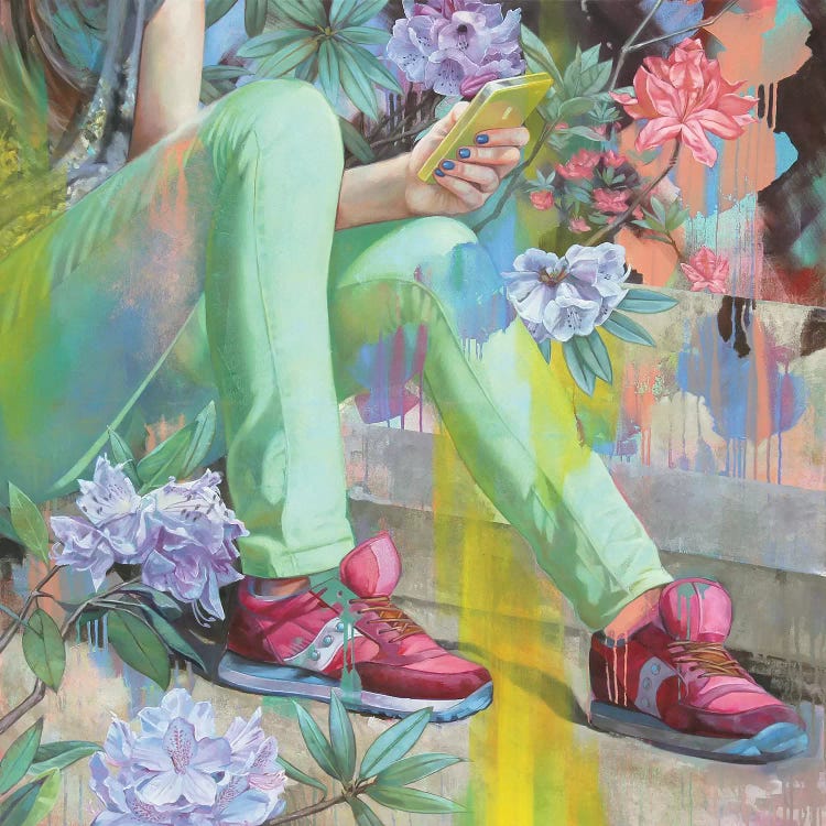 Wall art of mint jeans and pink sneakers and a hand holding an iPhone surrounded by flowers by Lioba Bruckner