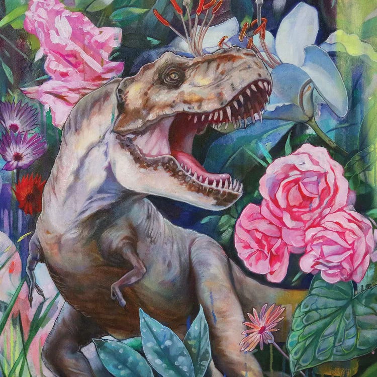 Wall art of a t rex emerging from vibrant florals by iCanvas artist Lioba Bruckner
