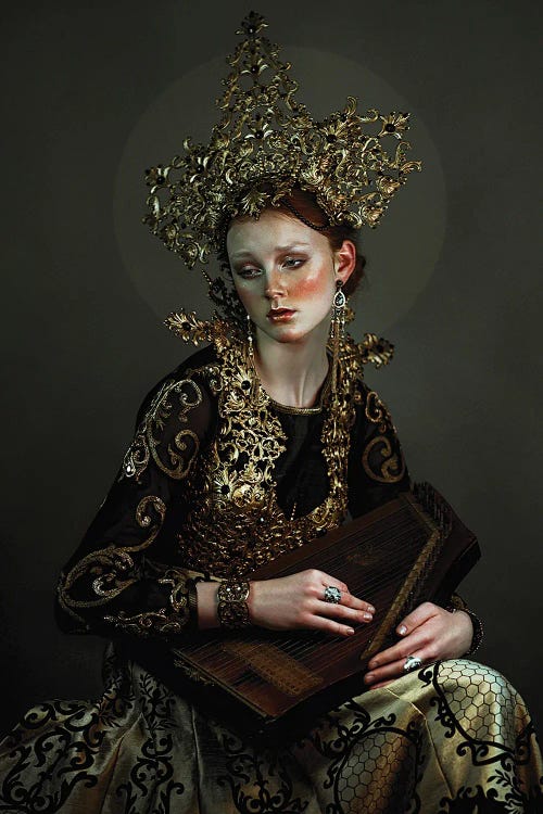 Photography of a sad woman wearing ornate gold jewels and clothes by iCanvas artist Lillian Liu