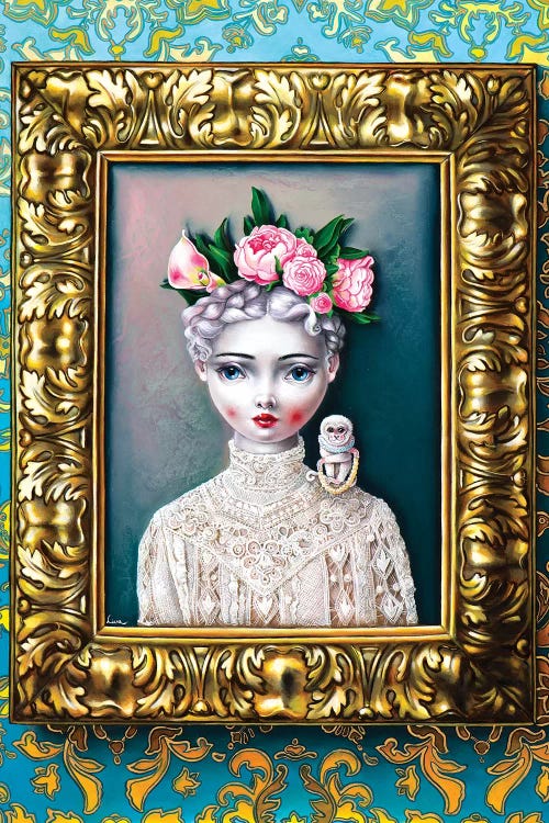 Wall art of a gold framed portrait of a Russian doll with pink flowers in her hair by Liva Pakalne Fanelli