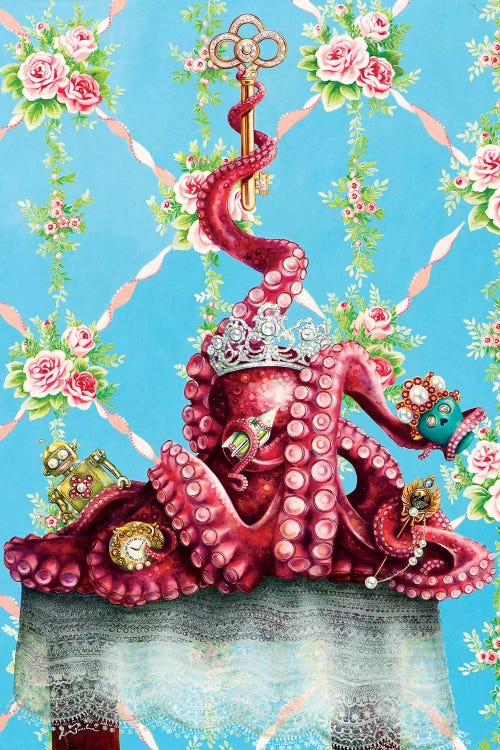 Wall art of a pink octopus wearing a crown and jewels against a blue and green background by Liva Pakalne Fanelli