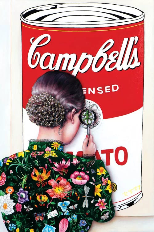 Wall art of a woman's back wearing a floral blouse looking at Campbell's soup can with a magnifying glass by Liva Pakalne Fanelli