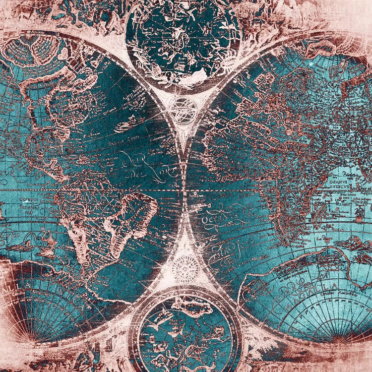 Wall art of an antique world map in teal and rose colors by iCanvas artist Nature Magick