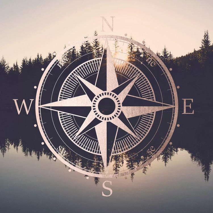 Wall art of compass against a photograph of Mount Hood, Oregon by Nature Magick