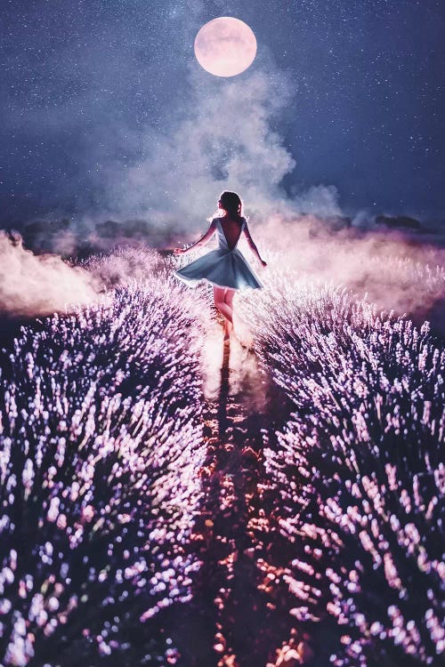 Photograph of woman dancing under moonlit sky by iCanvas female artist Hobopeeba