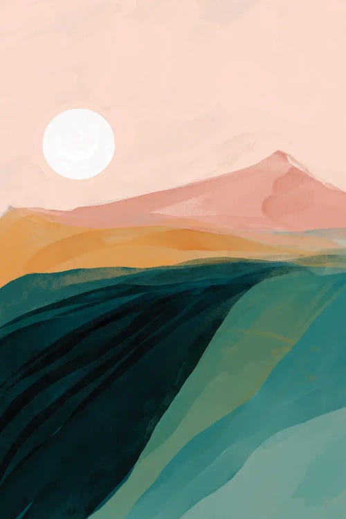 Painting of pastel mountain peaks with a sun rising above by Morgan Harper Nichols