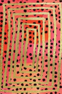 Statement abstract art of pink background with black dots and gold rectangles by iCanvas artist Nikki Chu