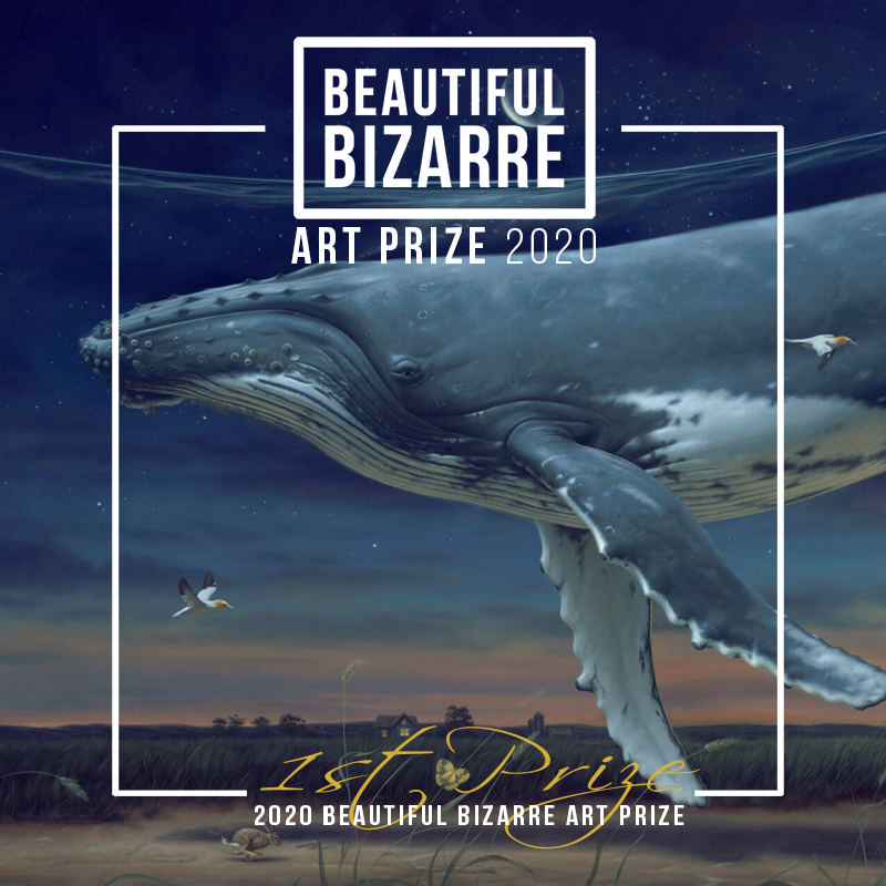 2020 Beautiful Bizarre Art Prize winner image of blue whale in night sky by Phillip A Singer