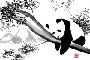 Black and white art print of a panda hanging on a tree with mountains behind by Pechane