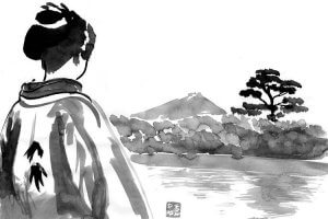 Wall art of a geisha looking across pond toward mountain and trees by Pechane