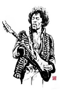 Black and white drawing of Jimi Hendrix with an electric guitar by iCanvas artist Pechane