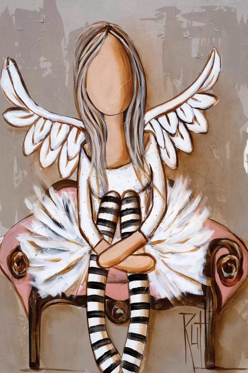 Wall art of a faceless angel wearing striped socks sitting on a chair by female artist Rut Art Creations