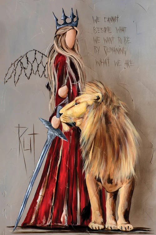 Wall art of faceless angel warrior in red dress standing by lion under motivational quote by Rut Art Creations