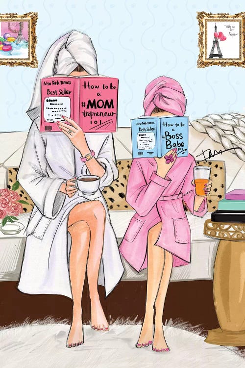 fashion illustration of a mom and daughter in robes reading books together by Rongrong Devoe