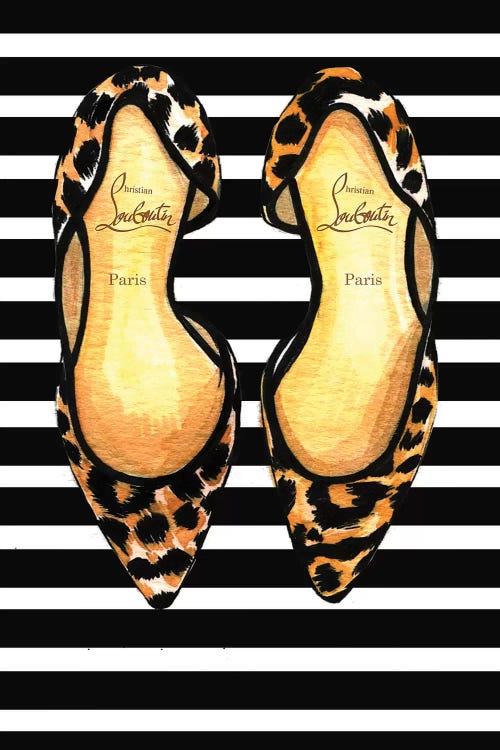 Fashion illustration of cheetah print Louboutins against a black and white striped background by iCanvas artist Rongrong Devoe