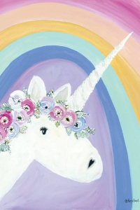 Wall art of a unicorn with flower mane in front of rainbow by iCanvas artist Roey Ebert
